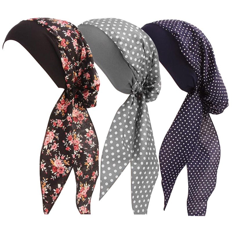 Ever Fairy Vintage Elastic Wide Band Multifunction Hair Loss Wrap Print Bonnet Chemo Women Head Scarf Turbans Night Sleep Hat Cap (3 Color Pack B) - Image 1